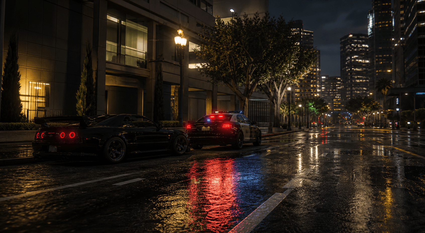 A performance car and police cruiser under city lights