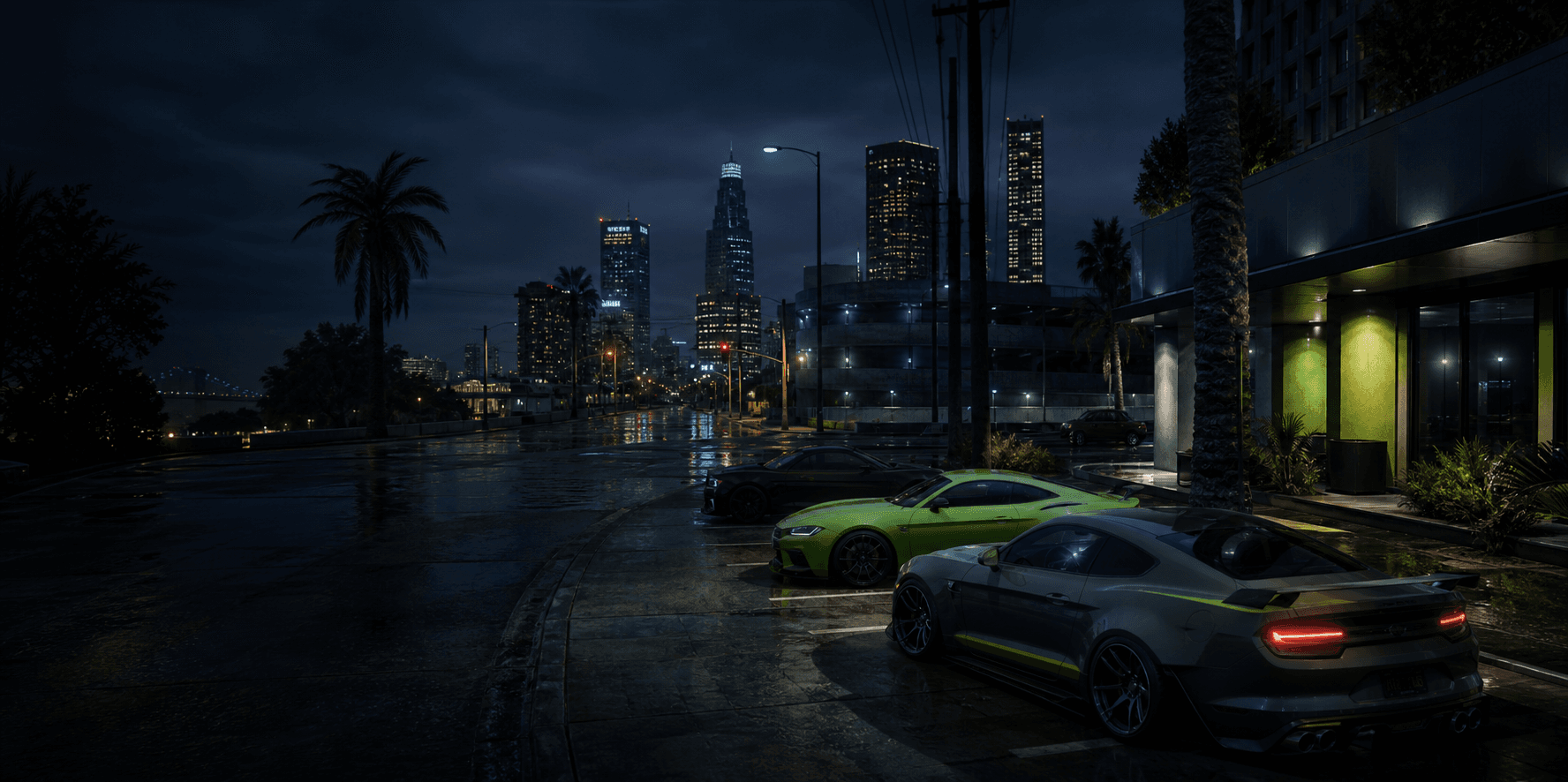 A cinematic city street at night